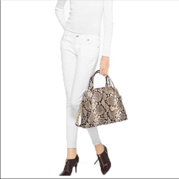 Michael Kors Astor Studded Leather Large Satchel Bag Snakeskin - Picture 3 of 9